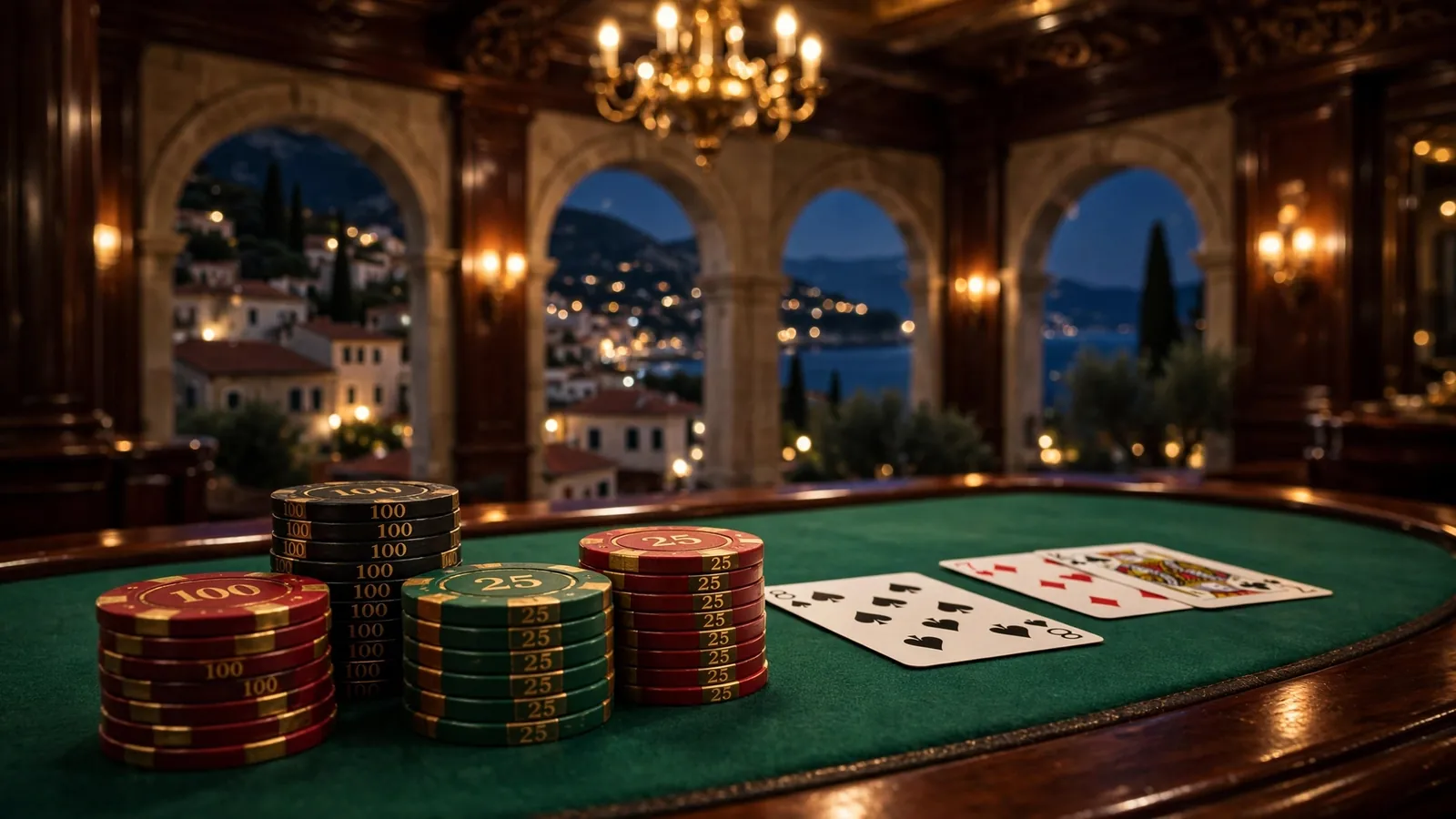 Elegantno hrvatsko casino okruženje s baccarat stolom i žetonima
