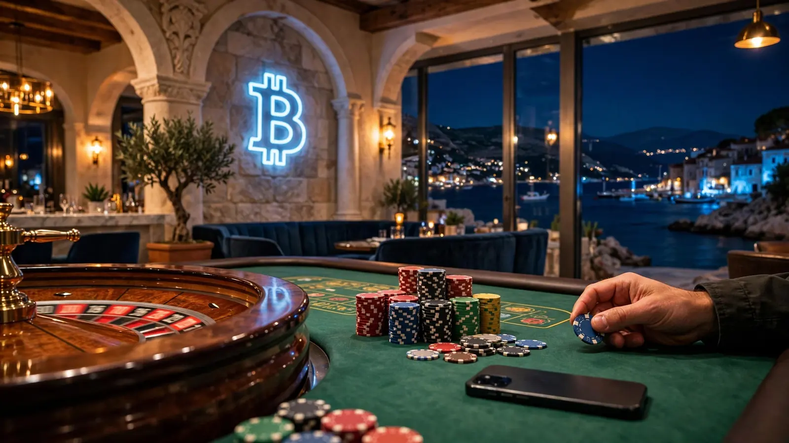 Modernno kripto kazino okruženje u Hrvatskoj s Bitcoin simbolom i stolom za rulet