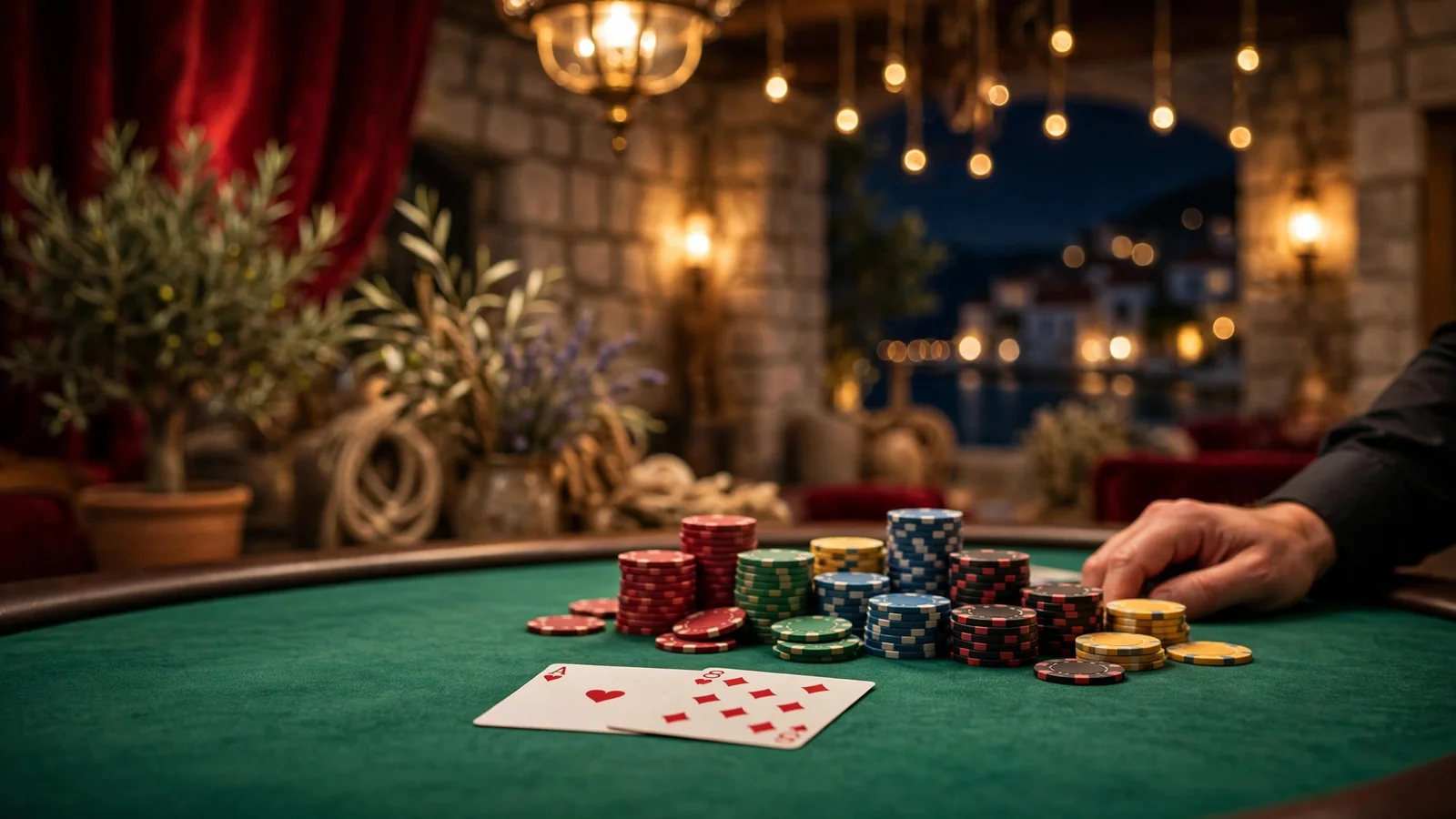 Elegantni blackjack stol u hrvatskom casinu s hrpom žetona i kartama pod blijedim zlatnim svjetlom.