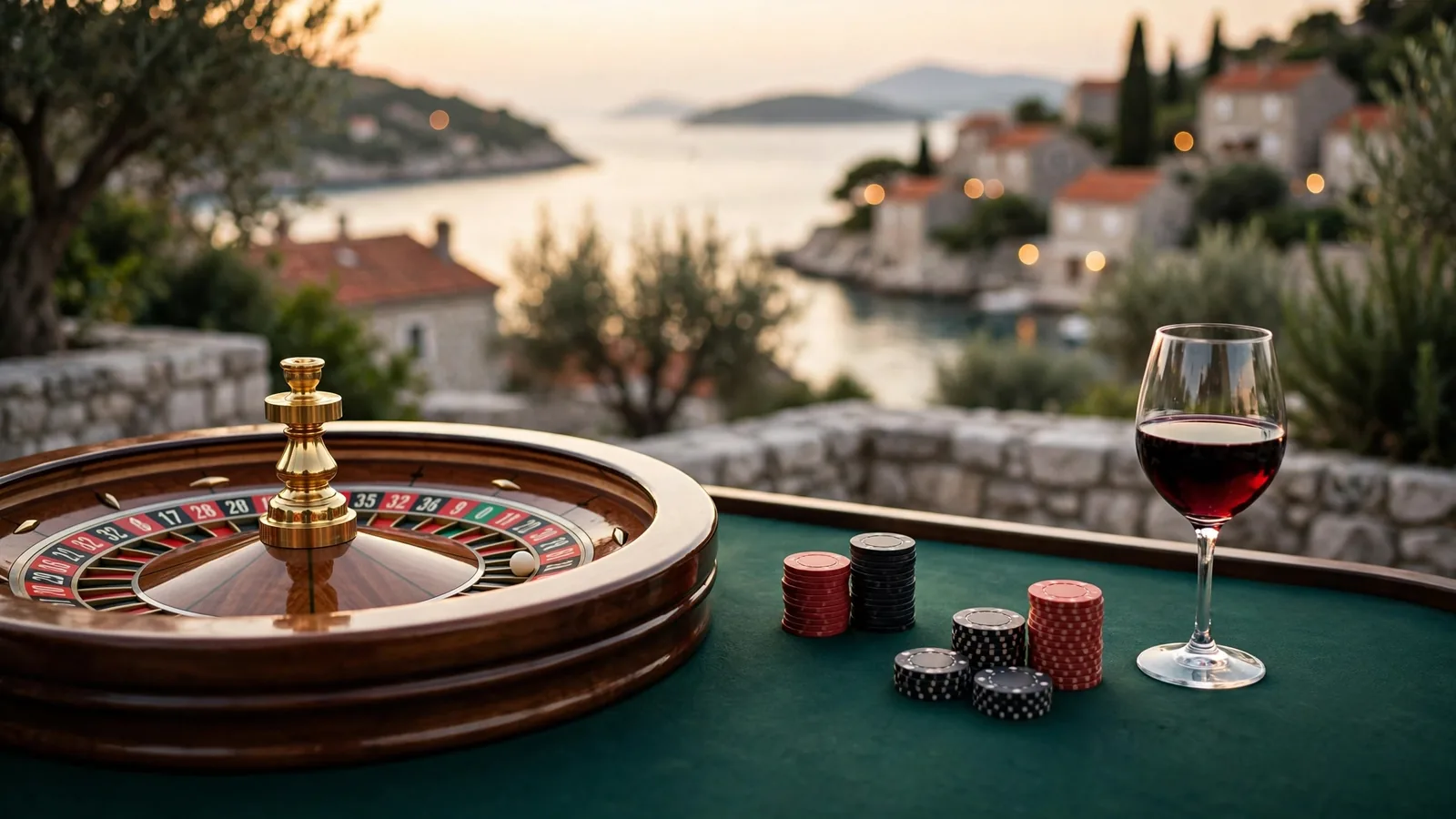 Stol za rulet s kotačem i žetonima u toploj casino atmosferi