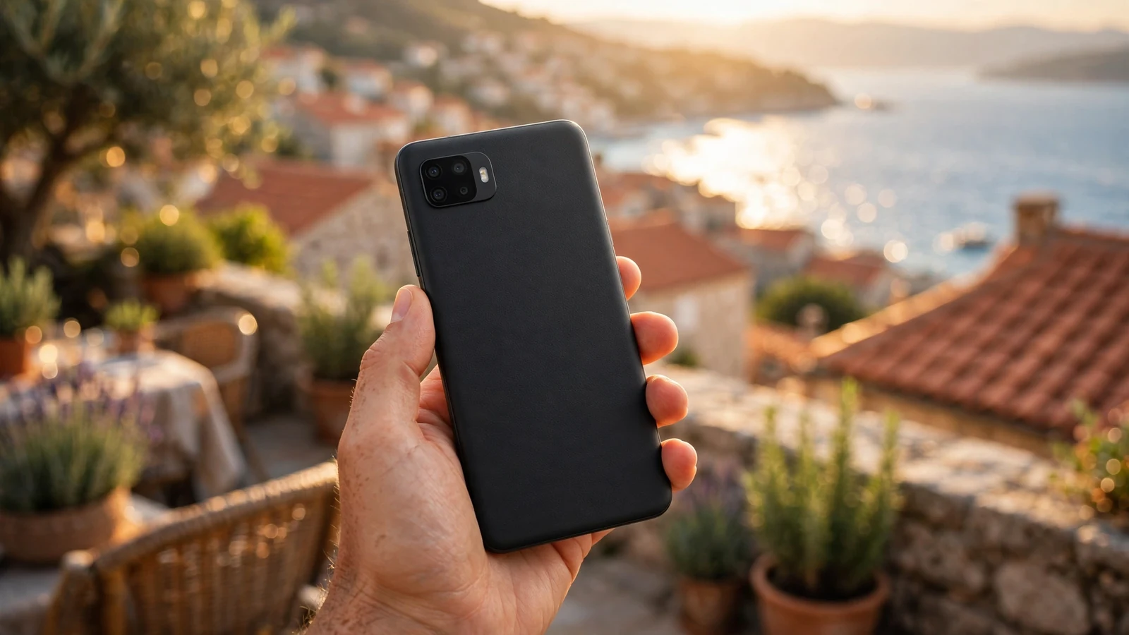 Ruka drži Android telefon na terasi s pogledom na hrvatsku obalu
