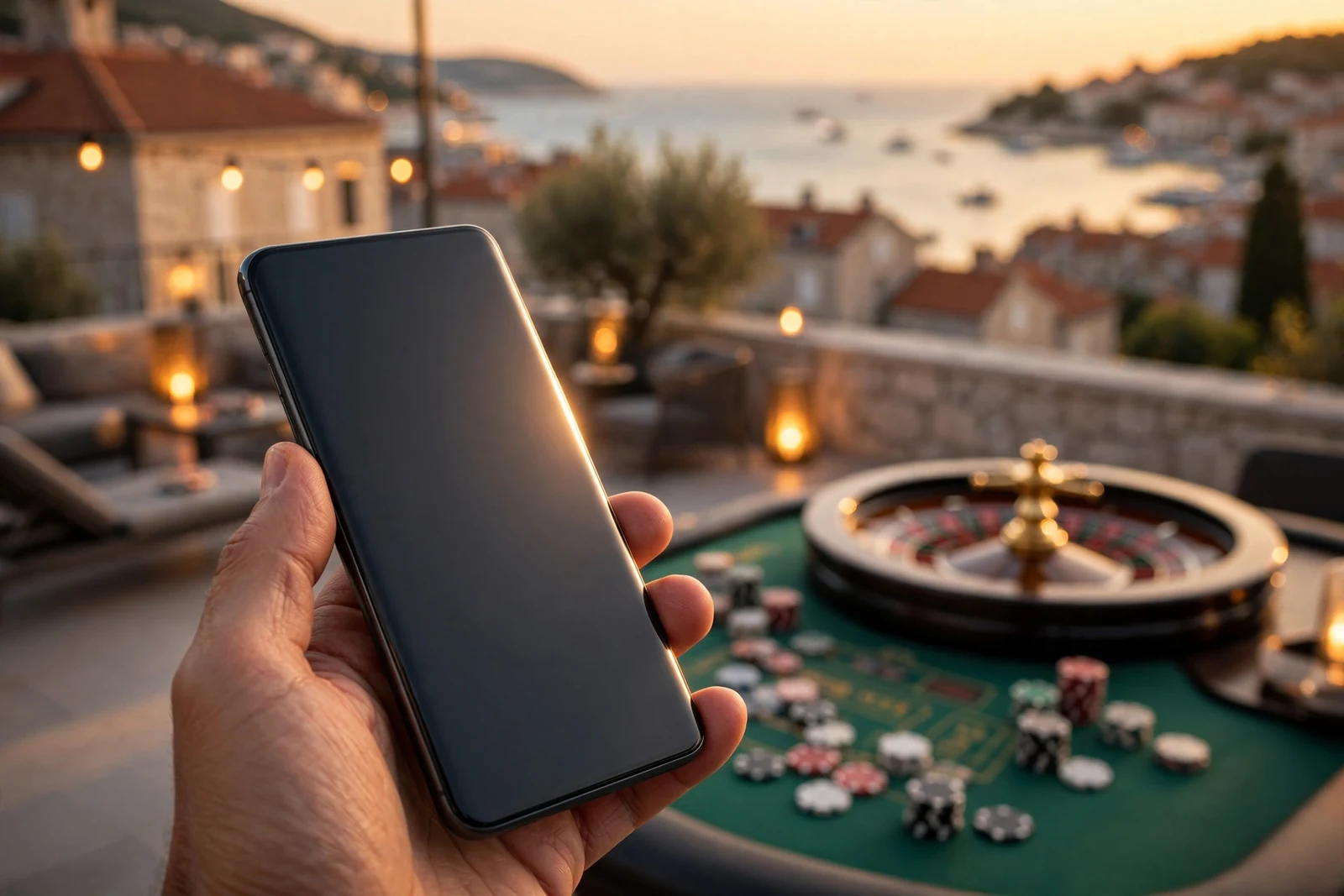 Smartphone u ruci s pogledom na mediteransku terasu i casino stol