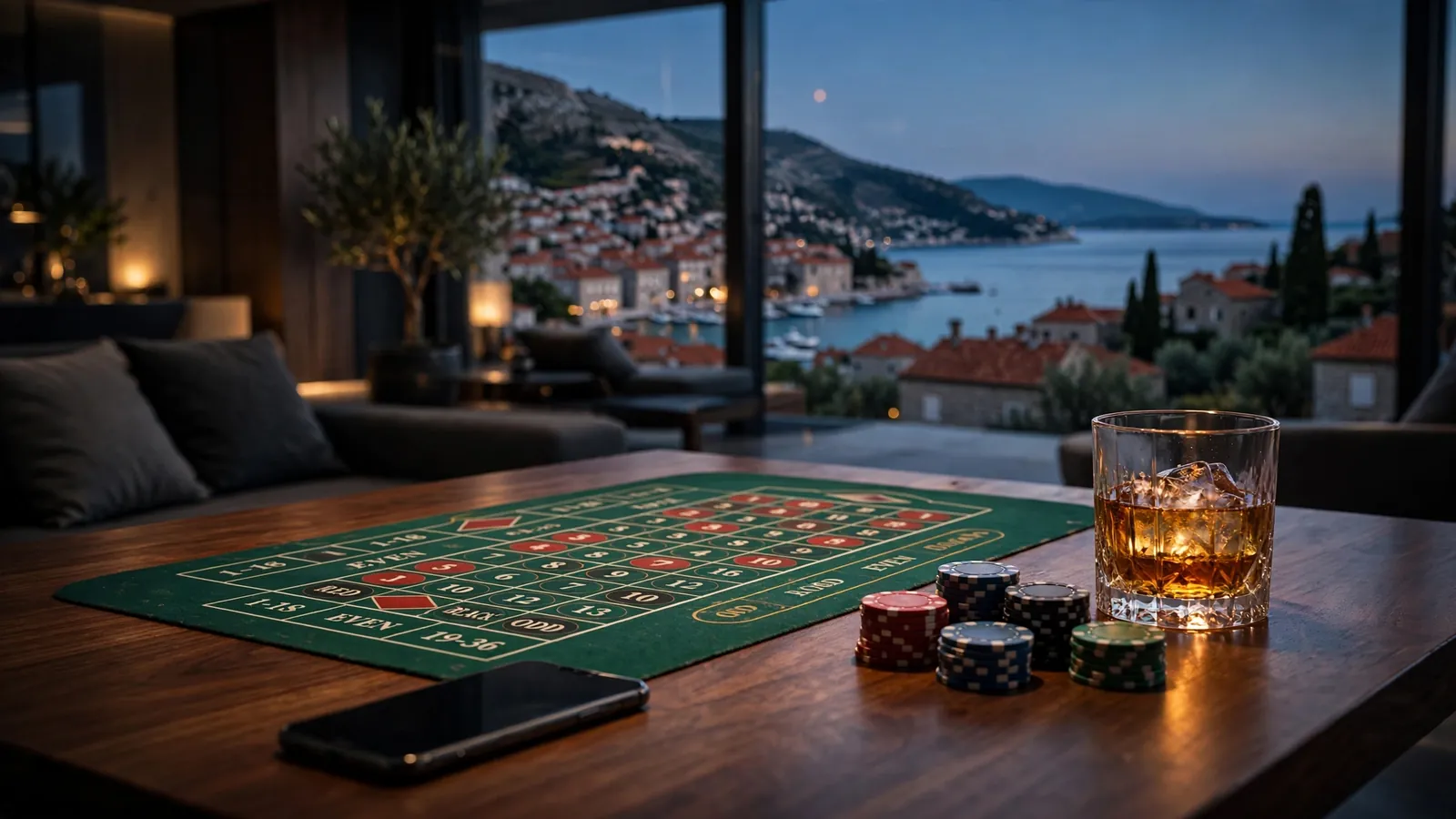 Elegantna hotelska soba s pogledom na hrvatsku obalu i kockarskim žetonima na stolu