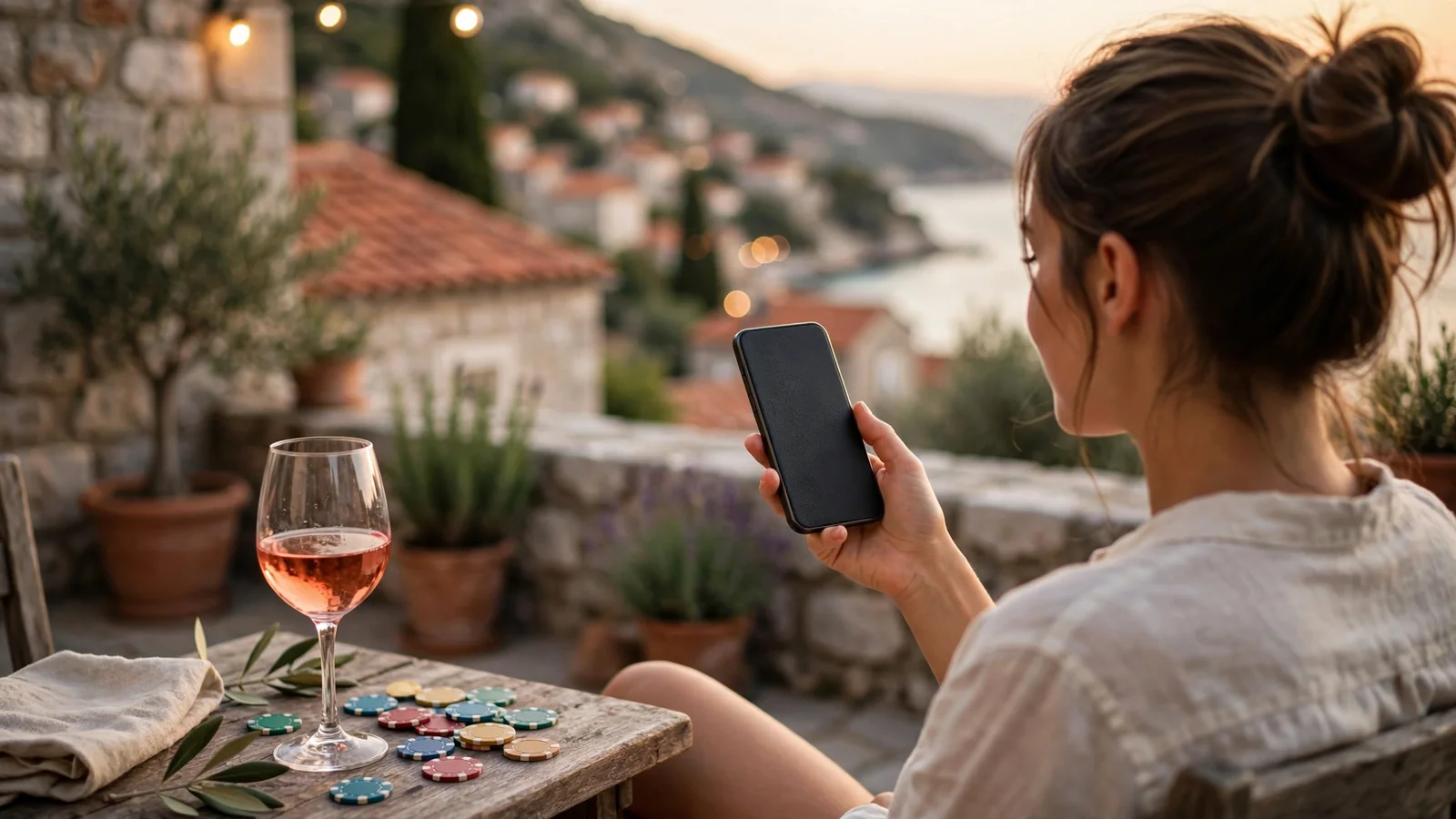 Žena na terasi drži pametni telefon uz čipove za kazino