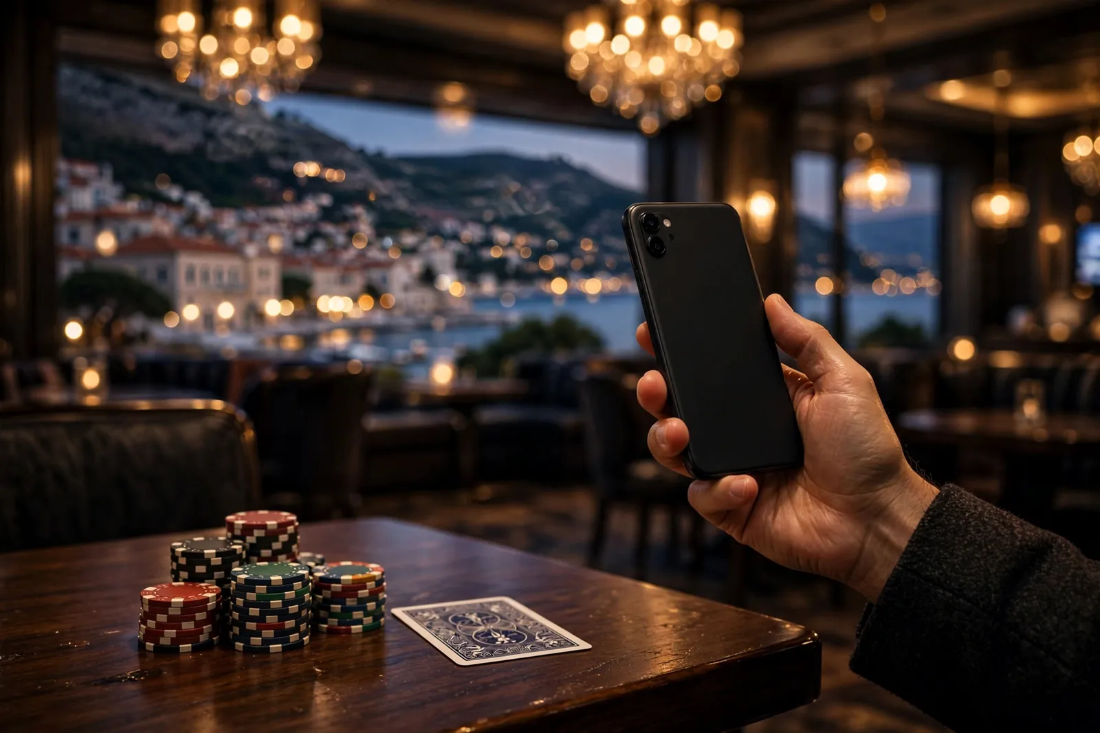 Ručka drži smartphone na stolu casina s hrpom žetona