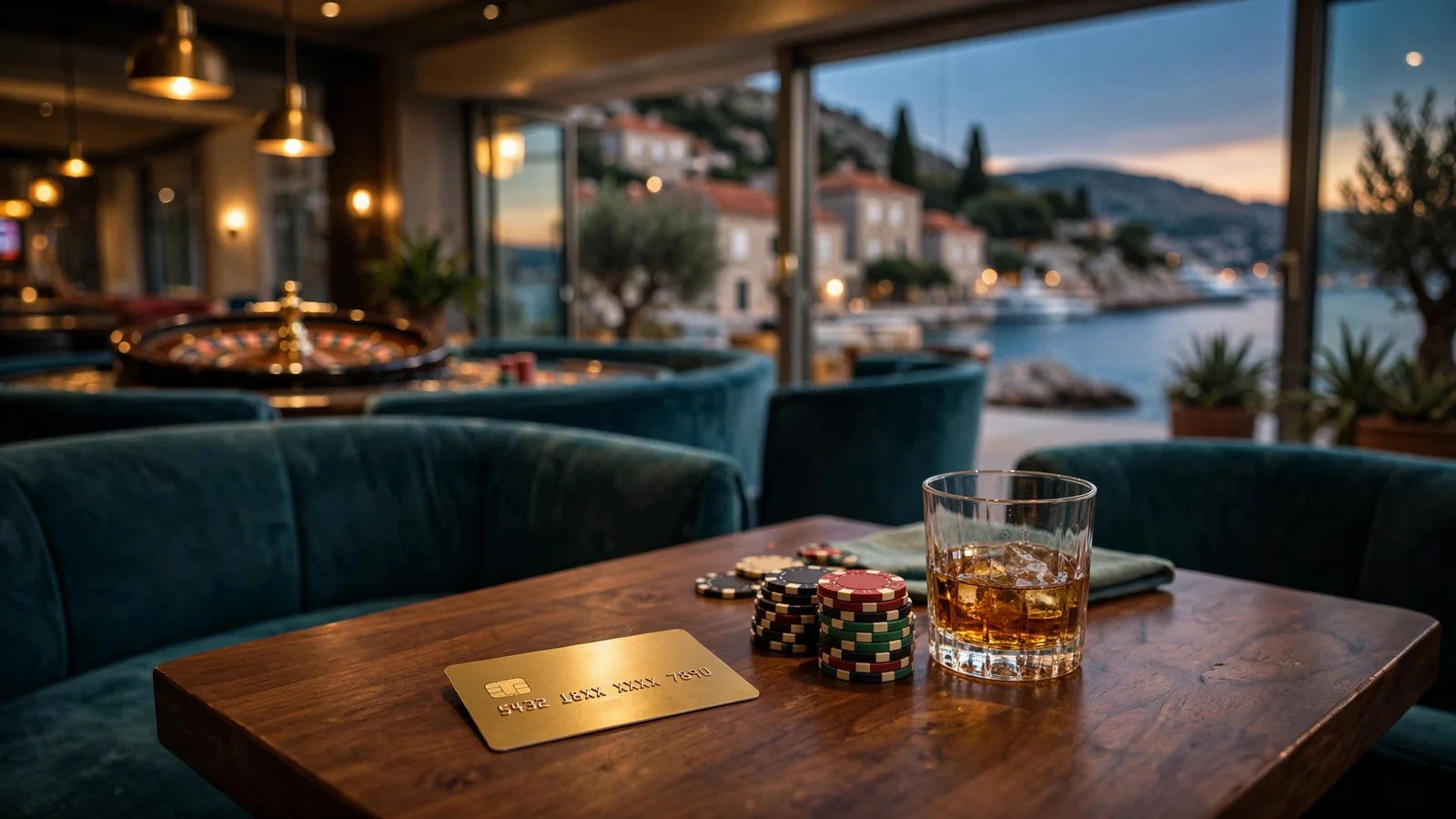 Zlatna kreditna kartica i žetoni na stolu u elegantnom casinu na hrvatskoj obali