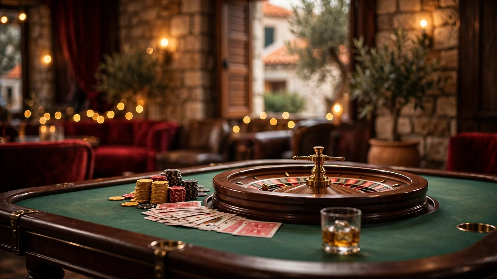 Rulet, žetoni i karte na stolu u luksuznom casinu