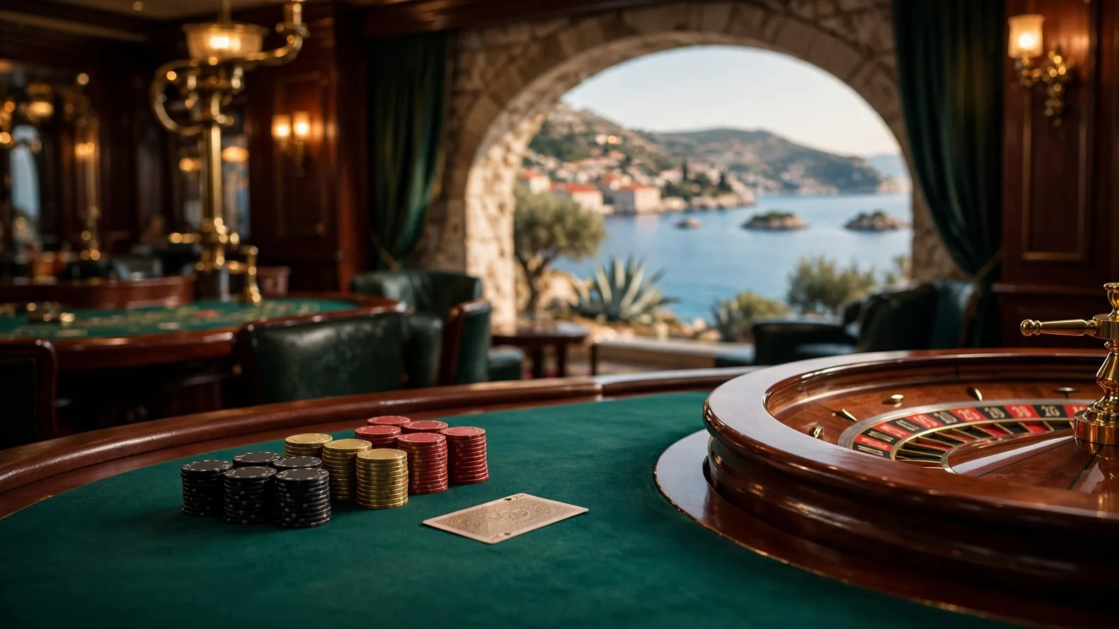 Elegantna casinoscena s ulošcima, kartom i ruletom na zelenom stolu uz pogled na Jadransko more