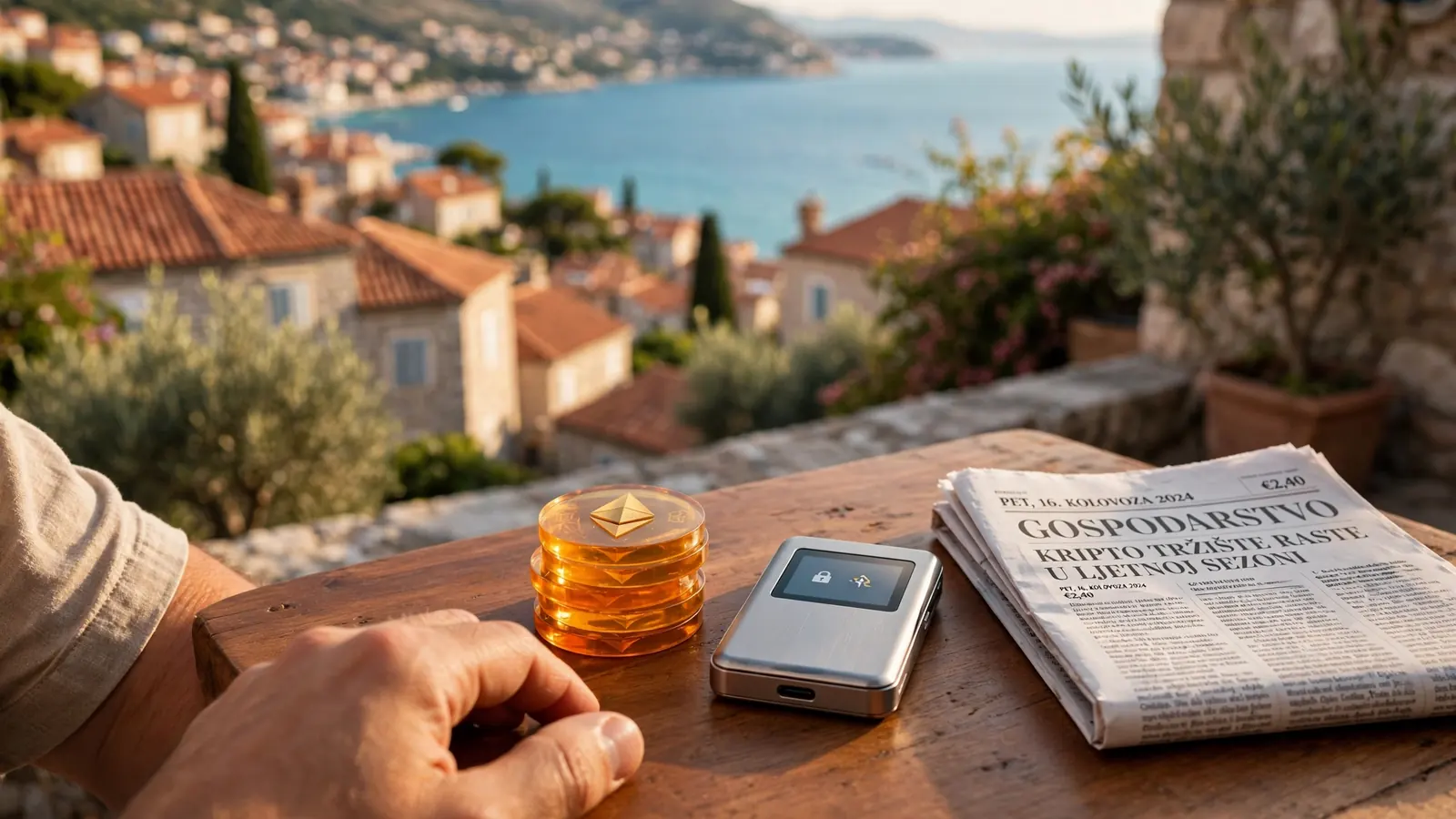 Mediteranski stol s kripto čipovima i novčanikom uz pogled na hrvatsku obalu