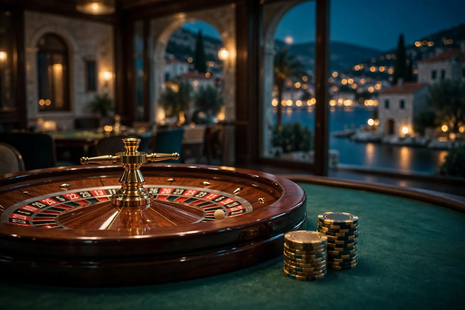 Stol za rulet s ulošcima i pogledom na jadransku obalu u pozadini, casinoska atmosfera.