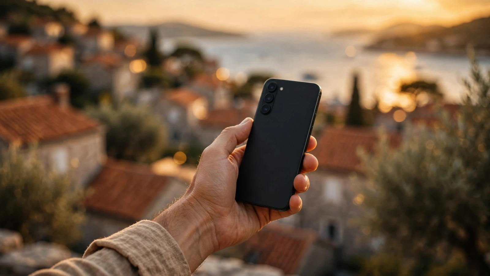 Hrvatski dalmatinski gradić noću s pametnim telefonom u prvom planu