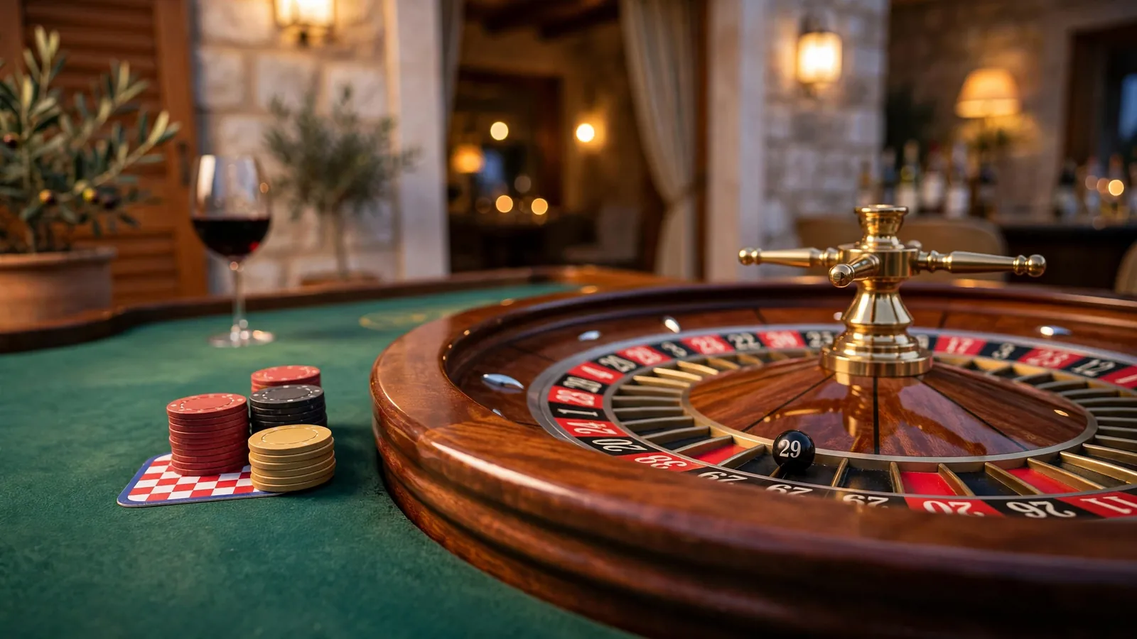 Stol za rulet s chipovima u elegantnom casinu