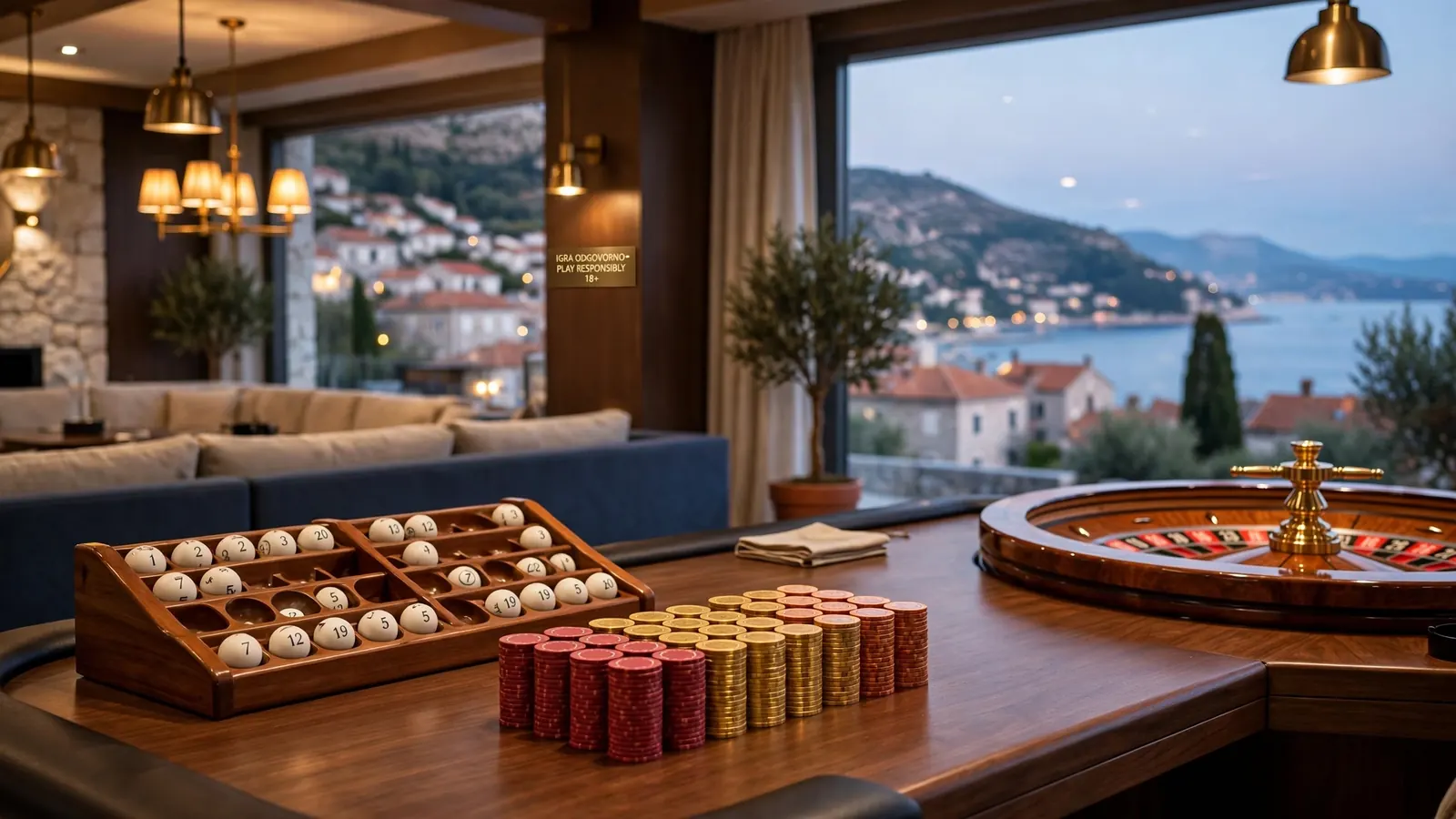 Hrvatski casino lounge s keno pločom i igračem u elegantnom noćnom okruženju