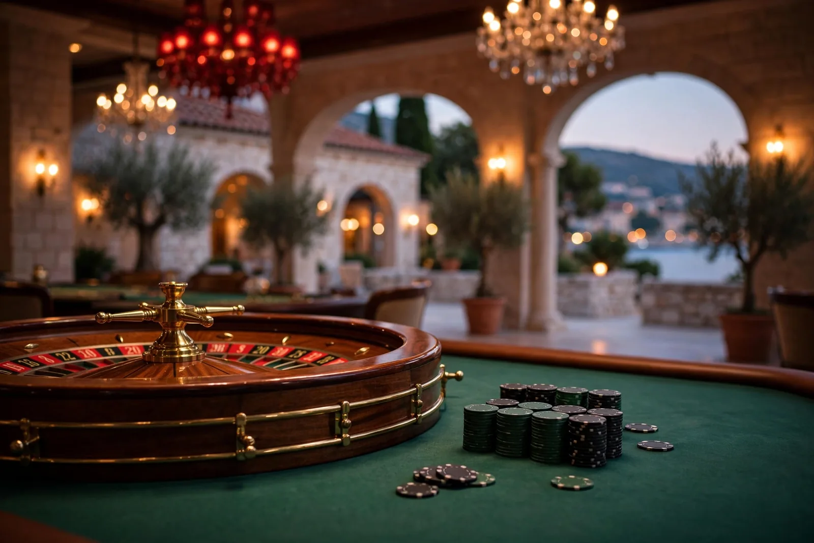Stol za rulet u casinu s kotačem i žetonima