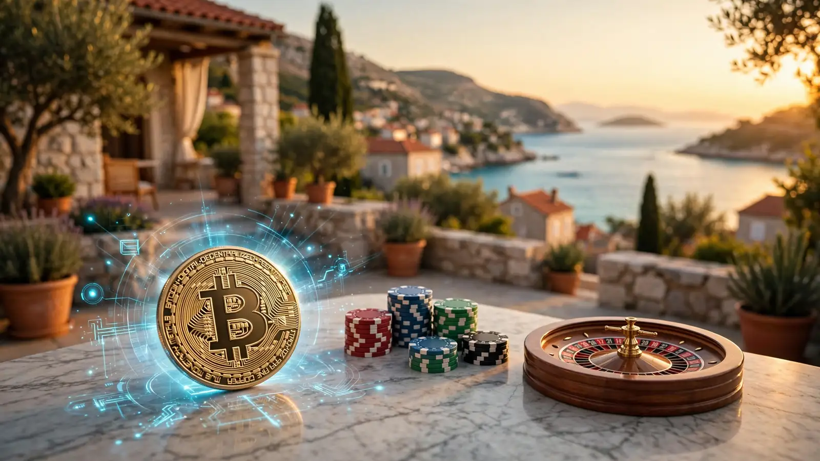 Bitcoin kovanica i kockarski žetoni na mediteranskoj terasi s pogledom na Jadransko more