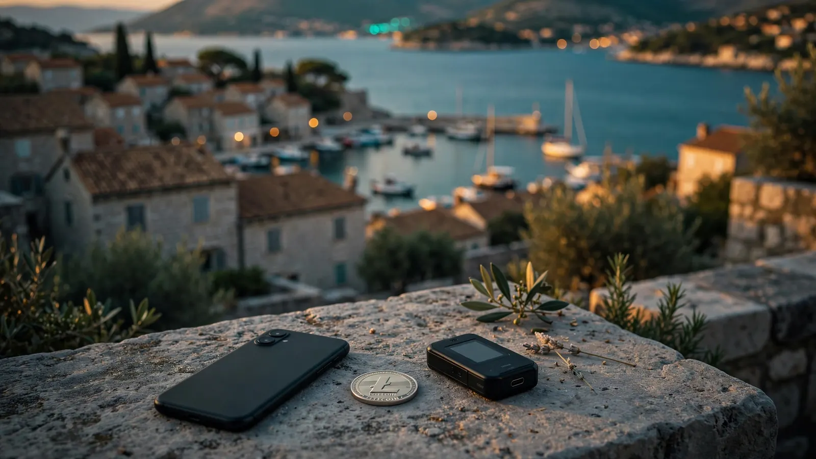 Litecoin token i hardverski novčanik na stolu uz pogled na jadransku obalu