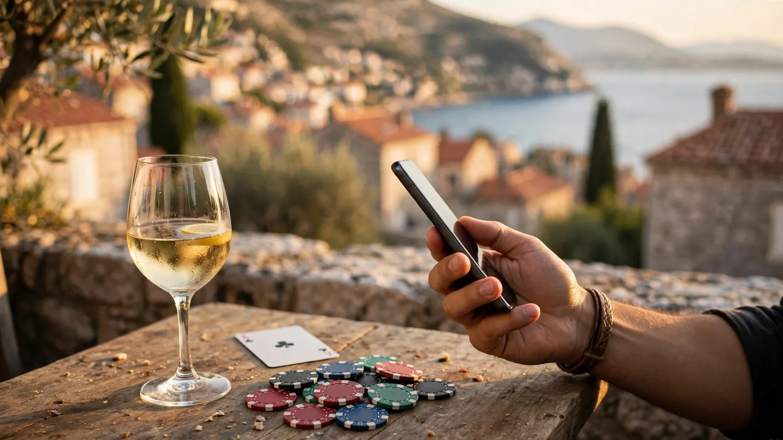 Ruka drži pametni telefon na terasi uz žetone i kartu