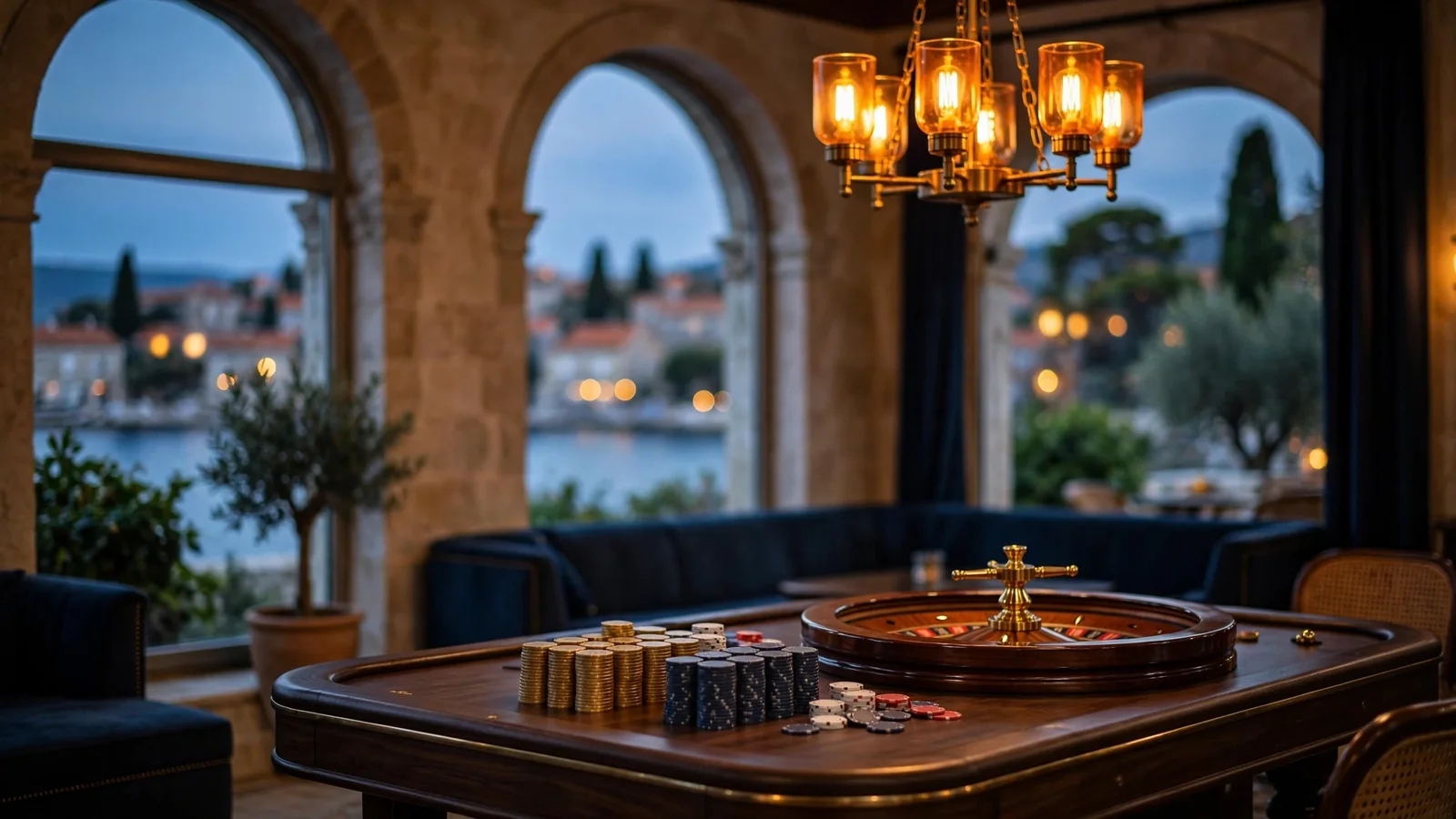 Elegantna casino dvorana uz jadransku obalu u sumrak