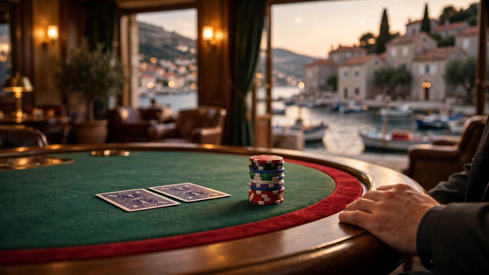 Stol za blackjack s ulošcima i kartama u elegantnom casinu