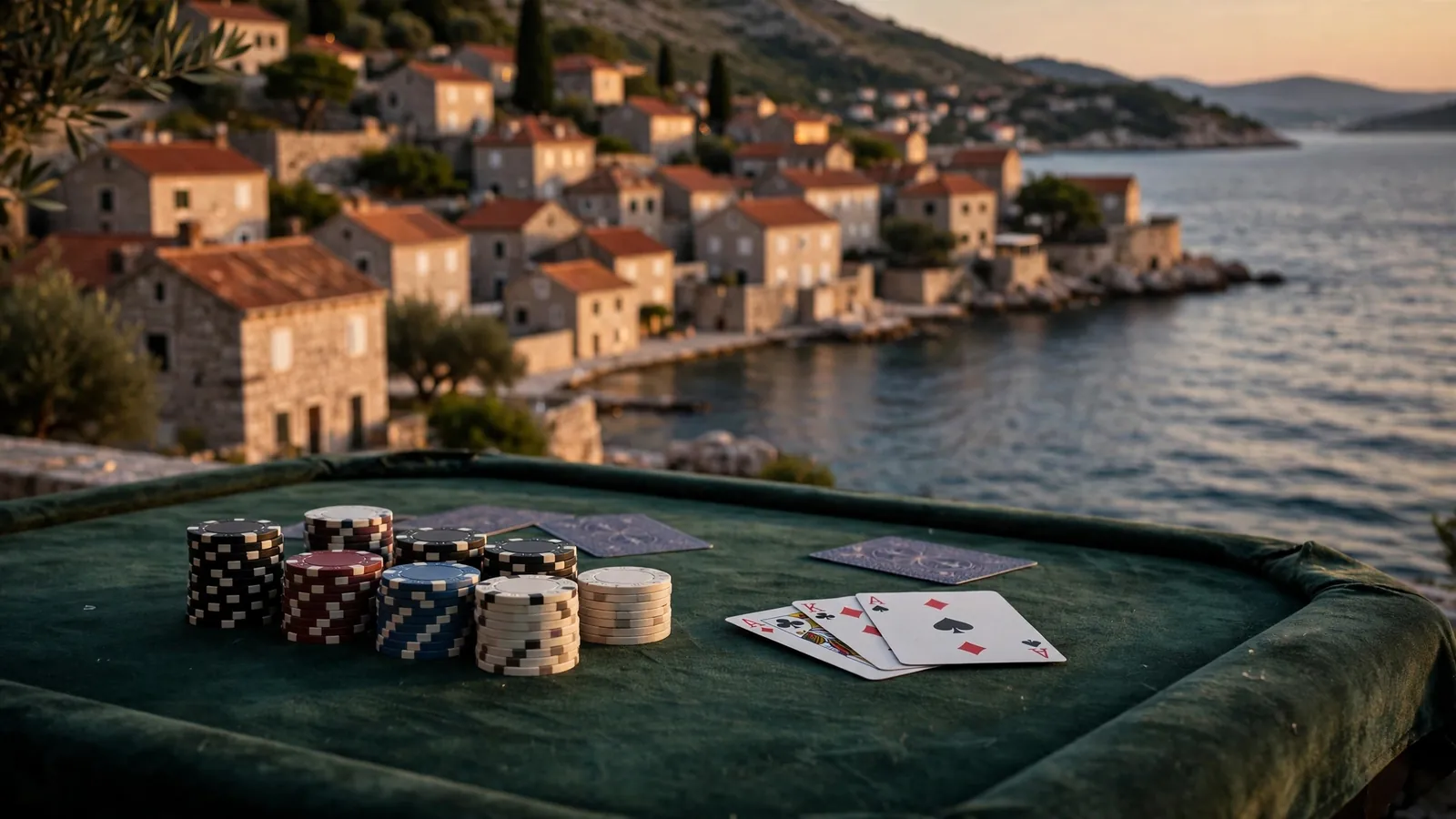 Stol za blackjack s žetonima uz dalmatinsku obalu u sumrak