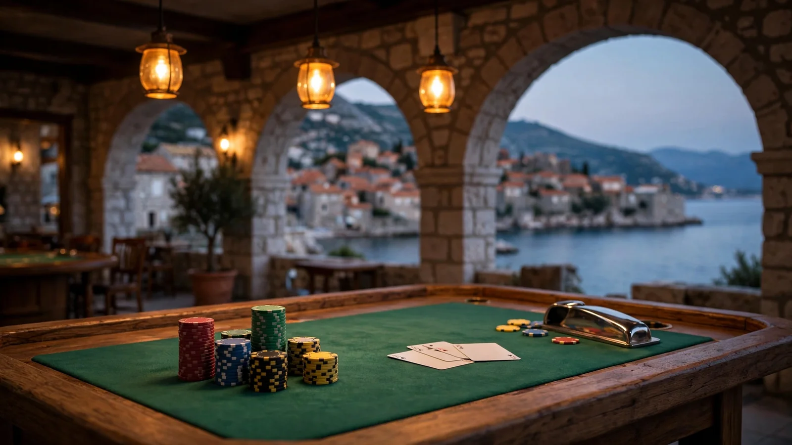 Interijer hrvatskog casina sa stolom za blackjack i pogledom na more