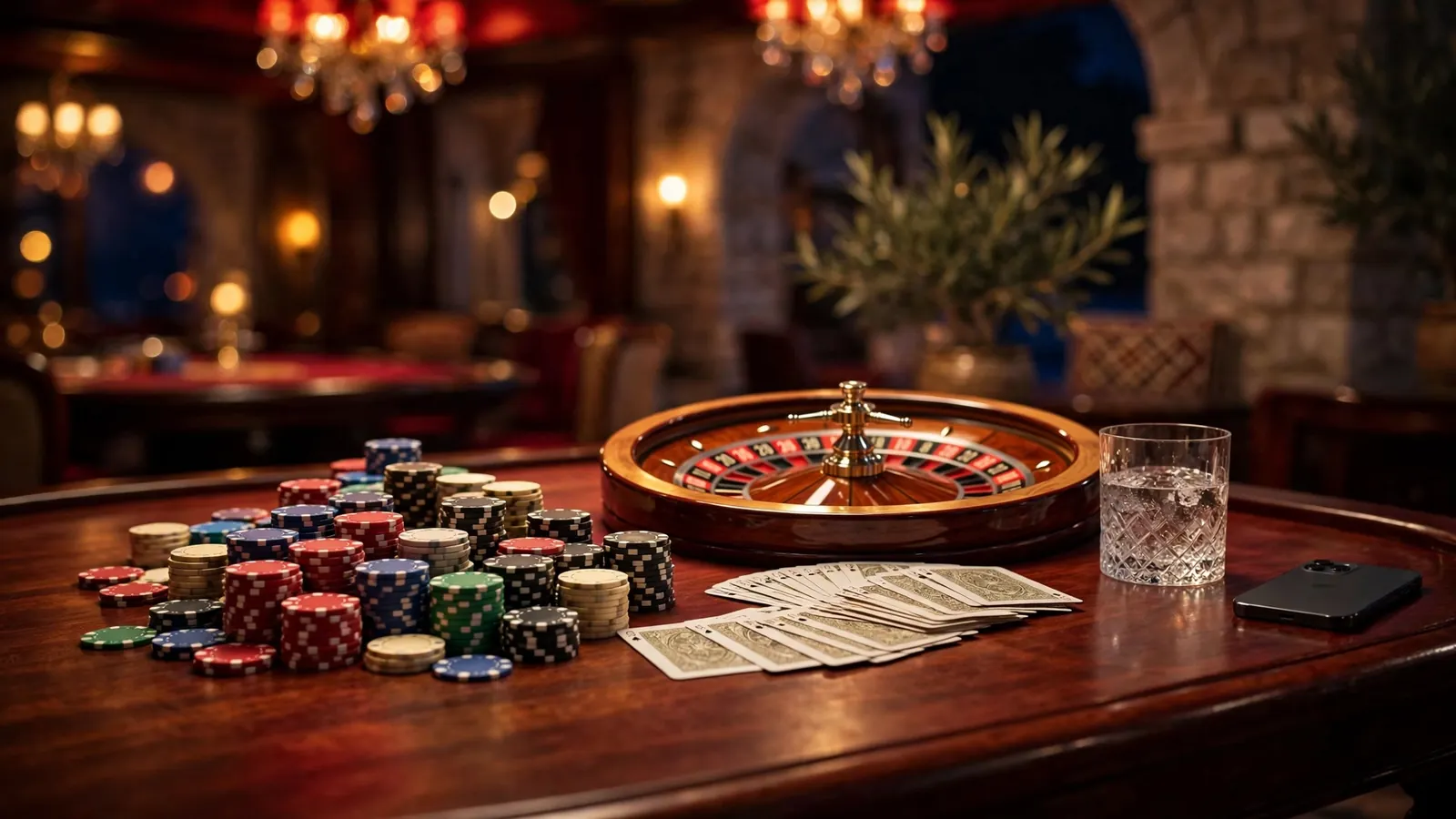 Hrpa kazino žetona, rulet i karte na sjajnom stolu u hrvatskom casinu noću